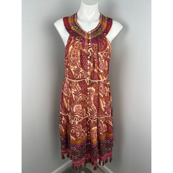 Sundance Rosado Embroidered Paisley Fringe Tassel Dress Medium Bohemian - Picture 1 of 8